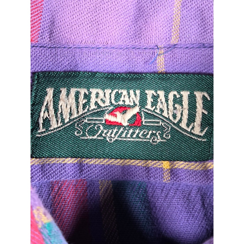 American Eagle Button Down Shirt Large Purple Mens Vintage Plaid Distressed 90s - Picture 5 of 11